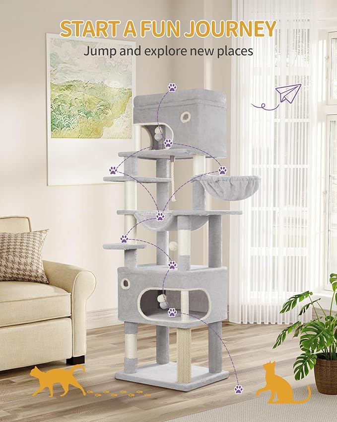 Cat Scratching Post, 70.1" Multi-Layer Cat Tree with Large Platform, 2 Caves, 7 Sisal Posts, Pompoms, Cat Basket, Hammock, Suitable for Cats, Light Gray MS17818LG