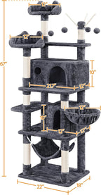 Topeakmart Cat Tree for Indoor Cats, 67in Cat Tower, Multi-Level Cat Play House with Condos & Scratching Posts & Hammock & Basket & Dangling Ball, Dark Gray