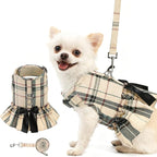 EXPAWLORER Dog Harness Small Medium Sized Dogs, Plaid Dog Dress Bowknot Harness and Leash Set, No Choke No Pull Soft Mesh Vest Cute Princess Puppy Outfits Clothes Costume for Girls Party Cats Beige XS