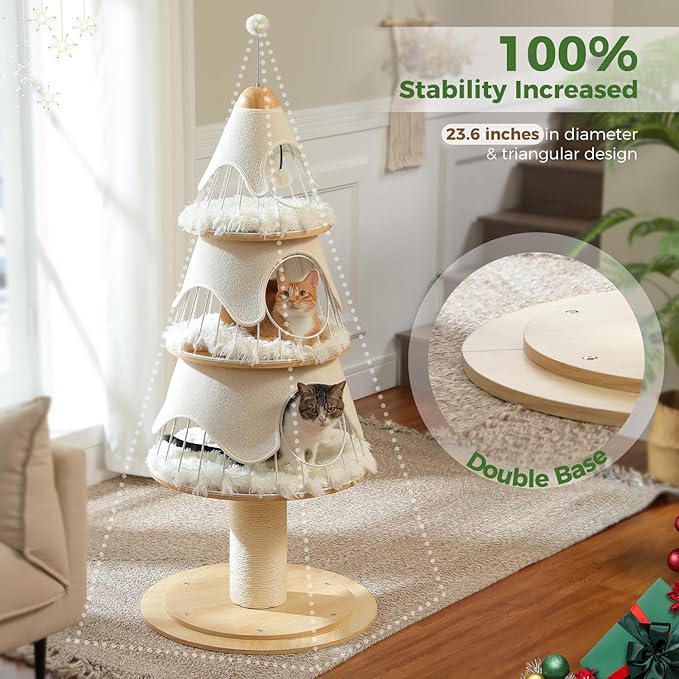 Modern Cat Tree-51.2" Cat Christmas Tree w/Thick Scratch Post(φ5.4in), Wood Cat Tower w/ 3 Condos-Heavy Duty Furniture w/Metal Frame & Replaceable Mat for Indoor Kittens, White
