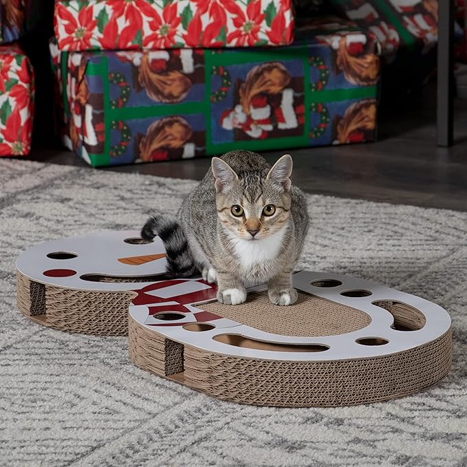 Furhaven Scratching Pad Ball Track Cat Toy w/ Catnip for Indoor Cats - Giant Snow Man Holiday Corrugated Busy Box Scratcher - White, One Size