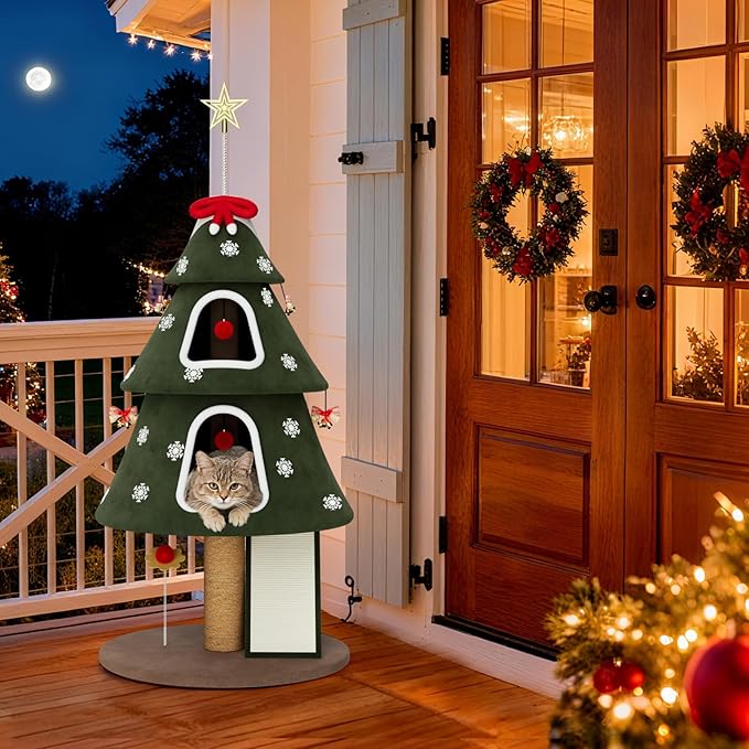 53" Large Christmas Cat Tree Tower: Indoor Green Heavy Duty Cat Condo House with Scratching Post & Toys for Xmas Decorations