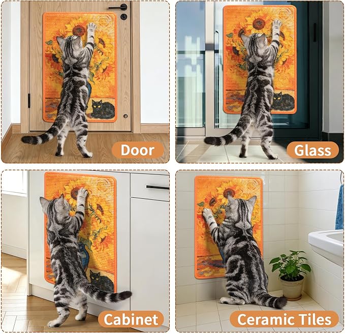 3-in-1 Sisal Cat Scratch Mat Floor & Wall Cat Scratcher Pad Scratching Post Scratch Furniture Couch Carpet Protector 23.6x15.7inch (Sunflower Cat)