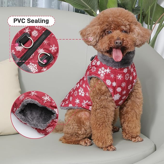 Warm Fleece Dog Coats with Durable Harness Buitl in D-Ring,Waterproof Doggie Jacket for Large Dogs,Dog Vest for Cold Winter,Red,Snow Pattern XXL