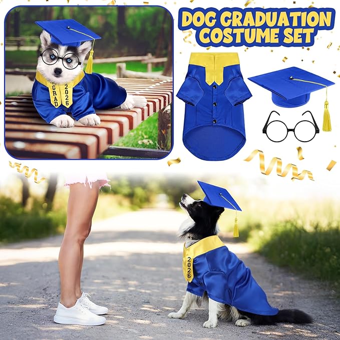 5 Pcs Dog Graduation Costume Set Include 2026 Pet Graduation Gown with Stole Puppy Grad Cap Lensless Glasses DIY Letter Stickers for Dogs Cats Holiday Costume Accessory(Blue Yellow,S)