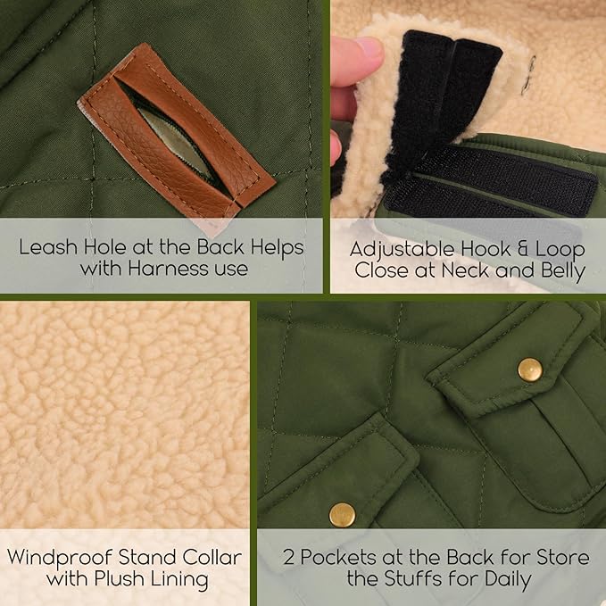 ASENKU Warm Dog Winter Coat, Waterproof Dog Coat for Cold Weather, Fleece Dogs Jacket with Ultra Thick Plush Lining Leash Hole Storage Pockets for Medium Dogs (Green, Medium)