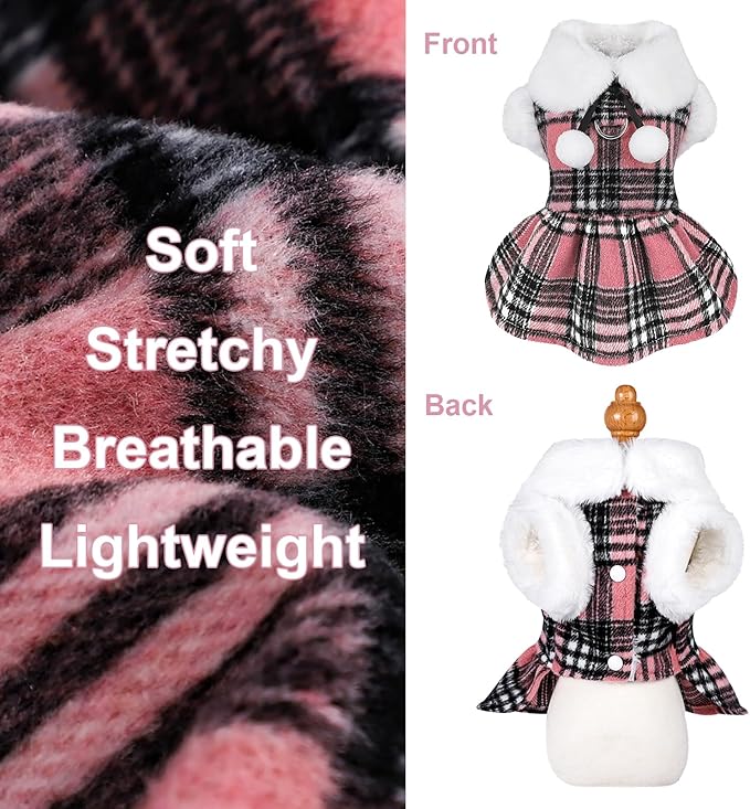 Dog Sweater with Leash Set D Ring Plaid Fleece Dog Clothes for Small Dogs Girl Boy Winter Puppy Dress Cold Weather Coat Fall XXS Sweater for Chihuahua Yorkie Cat Doggy Costumes, Pink, M
