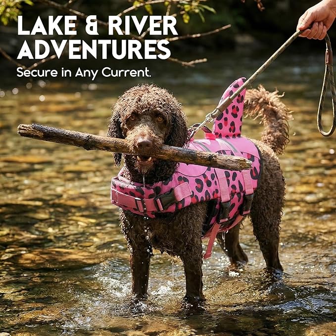 ASENKU Dog Life Jacket - Pet Safety Vest for Swimming & Boating, Shark Life Jacket with Floatation, Dog Lifesavers Swimsuits for Small Medium Large Dogs (Pink Leopard, M)