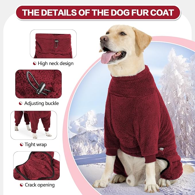 Dog Winter Coat, Warm Fleece Dog Jacket, Windproof Pullover Jumpsuit, Full Body Pajamas Onesie, Cold Weather Clothes for Medium Large Dog(3Xlarge,Red)