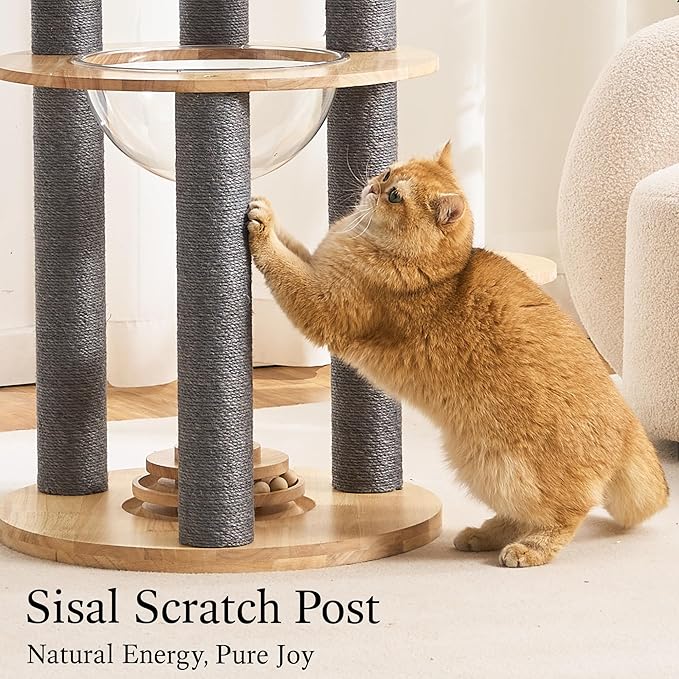 797Audio Wood Modern Cat Tree, 61.5" Cat Tower with Sisal Scratching Posts, Cat Condo, Capsule, Hamnock and Spinner Toy,Solid Wooden Aesthetic Multi-Level Cat Climbing Tree for Adult Indoor Cats-Gray