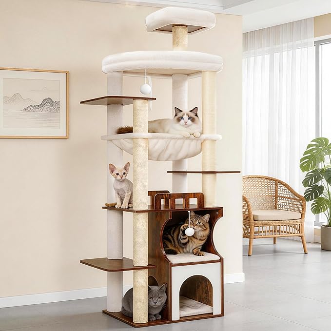Cat Tree, 70.9 Inch Wood Cat Tower for Large Cats Adult, Modern Cat Furniture with Double-Layer Wooden Cat Condo, 2 Platforms, Large Hammock and Scratching Posts, Rustic Brown GCT102SR