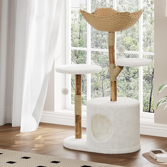 Modern Natural Wood Cat Tree, Stylish Solid Wooden Climbing Tower with Large Rattan Basket, Scratching Posts, Real Branch Design, White Luxury Perch for Rest and Play