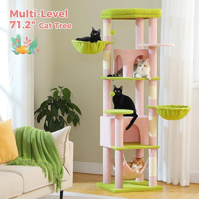 71.2 Inches Flower Tall Cat Tree for Large Cats, Multi-Level Cat Tower with 2 Cozy Condos, Super Large Top Perch, 3 Hammocks, Sisal Scratching Posts and 2 Pompoms, Pink