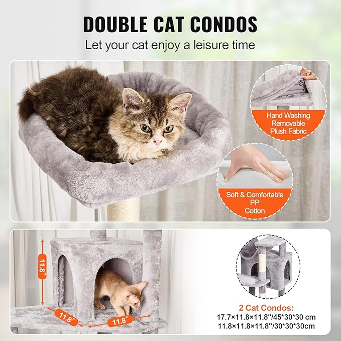 Happybuy Cat Tree for Indoor Cats, 72" Cat Tower with 2 Cat Condos, Sisal Scratching Post, Hammock, Top Perch, Jumping Platforms, Large Cat Furniture Activity Center with Hang Ball, Light Grey