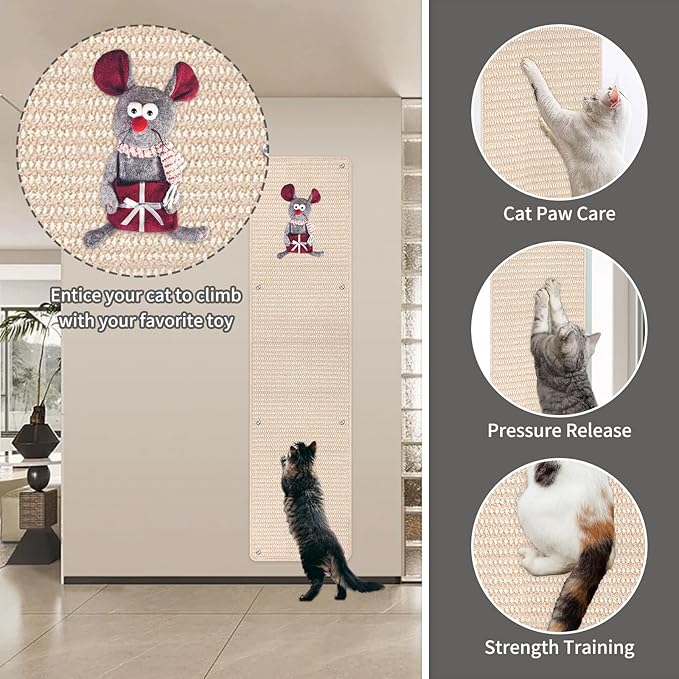 FHTONGE 71x15.8 Thickened Cat Wall Climbing Carpet with 16 Fixed Nails, Extra Large Tall Cat Scratch Pad for Wall, Wall Mounted Climbing Cat Scratcher for Furniture Couch Sofa Protector(Oat Color)
