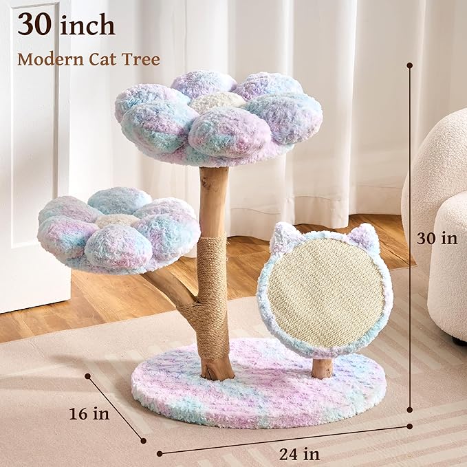 Modern Natural Solid Wood Cat Tree Tower for Indoor Cats Large Adult, 30 inch Flower Cat Tree with Scratching Post, Luxury Aesthetic Cat Tree with Cloud-Soft Flower Perches and Sisal Scratching Pad