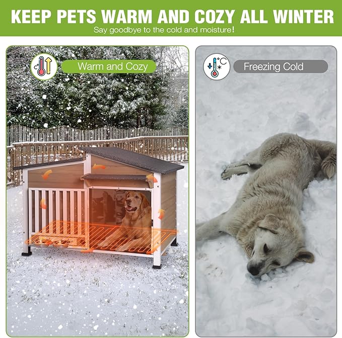 GUTINNEEN Large Heated Dog House Outdoor Insulated Dog Kennel Weatherproof Dog Shelter with Safe Heating Pad, Thermal Liner, Rotatable Spill-Proof Bowl for Large Dog Breeds, 39.7"L x 25.5"W x 32.2"H