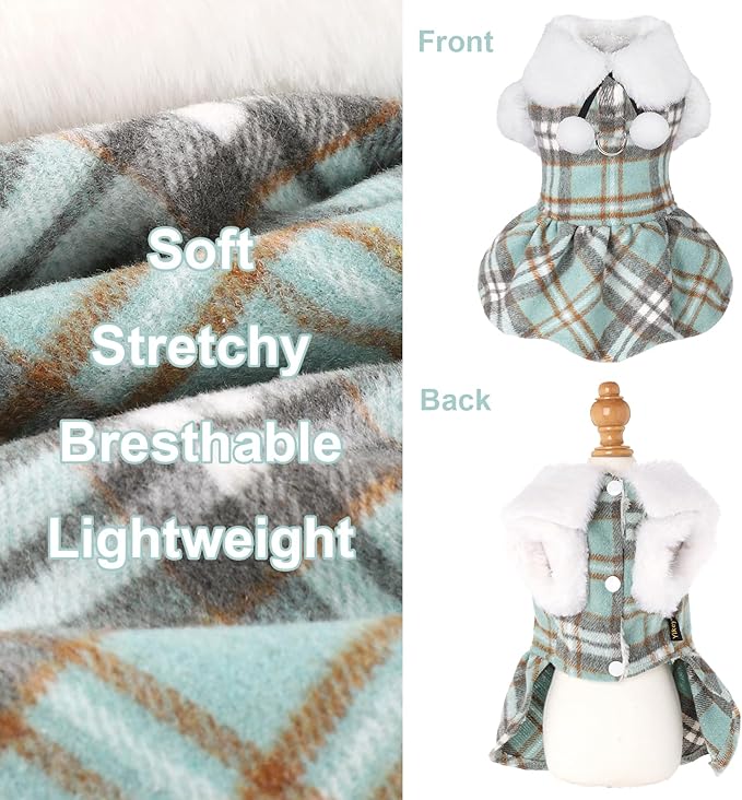 Dog Sweater with Leash Set Plaid Fleece Dog Clothes for Small Dogs Girl Boy Winter Pet Dress Cold Weather Coat Fall Sweater for Chihuahua Yorkie Cat Puppy Costumes (Turquoise, X-Small)