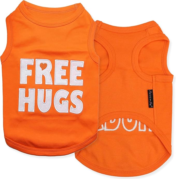 Parisian Pet Dog Shirt – 100% Cotton Free Hugs Shirts for Small Dogs – Sleeveless Puppy Clothes – Lightweight and Breathable Orange Dog Clothes – Summer Pet Apparel - Stretchable Tshirts for Dogs