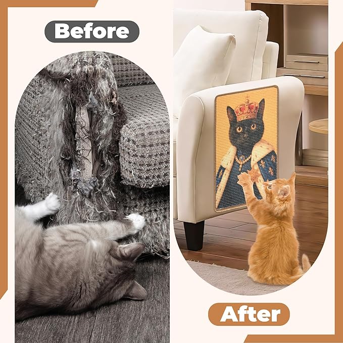 Sisal Cat Scratcher Mat, Cat Wall Scratcher for Indoor Cats, 23.6x15.7 Inch Cat Scratch Pad with Hook & Loop, Wall Mounted Cat Scratching Post to Protect Couch and Carpet（Monarch Cat）
