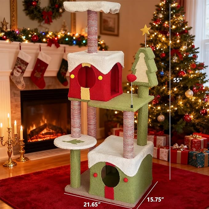 55" Christmas Cat Tree Tower for Indoor Cats,Multi-Level Cat Climbing Tower with Cat Condos, Top pad, Plush Toy, Grab Bar and Board, Kittens Play Activity Center (55 Inch)