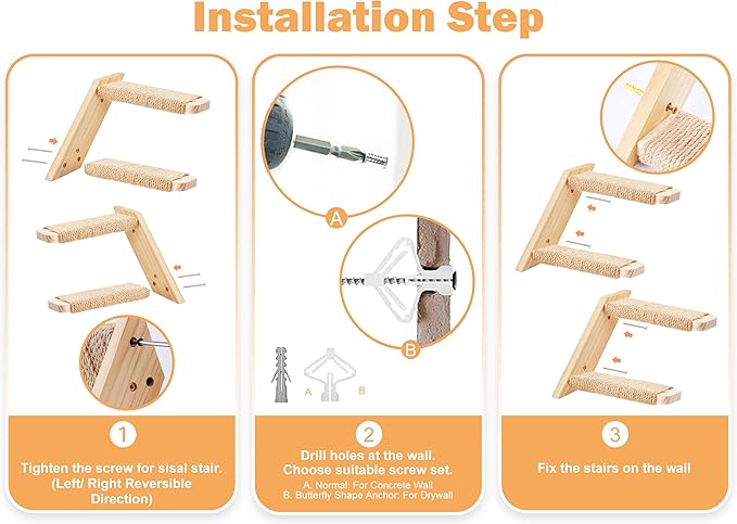 Cat Wall Steps 2-Pack, Two Step Cat Climbing Shelves, Wall-Mounted Reversible Stairway with Durable Sisal Scratching Rope, Ideal for Perching, Climbing, and Playing Furniture