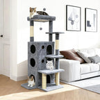 Cat Tree Tower for Indoor Cats, Adult Cat Tree House for Large Adult Cats with Steps, Scratching Post, 3 Cat Caves, Dangling Toys (Grey)