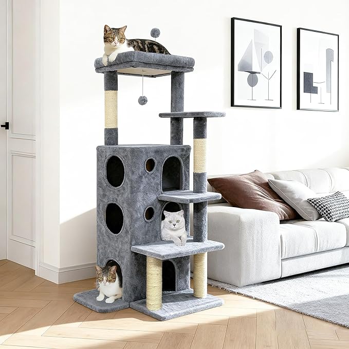 Cat Tree Tower for Indoor Cats, Adult Cat Tree House for Large Adult Cats with Steps, Scratching Post, 3 Cat Caves, Dangling Toys (Grey)