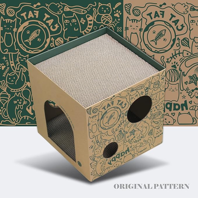 Cardboard Cat House with 2 Story Scratch Pads - Indoor Cat Play House, Corrugated Scratcher Box, Hideout for Small Animals