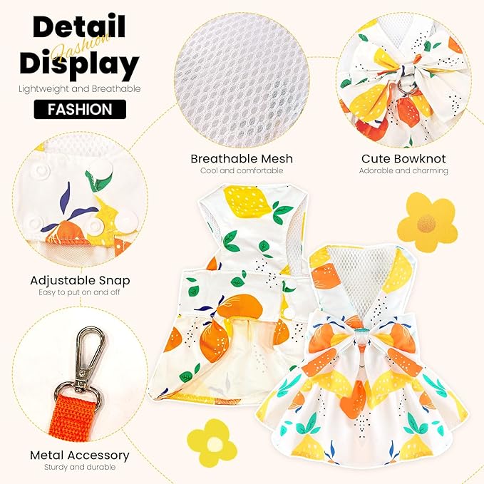 Cute Dog Dress Small Dog Clothes for Girls Female Puppy Outfits Yellow Lemon Pet Summer Clothes Bowknot Doggy Cat Princess Dress Harness for Holiday Birthday Party Costume Clothing (Yellow,XS)