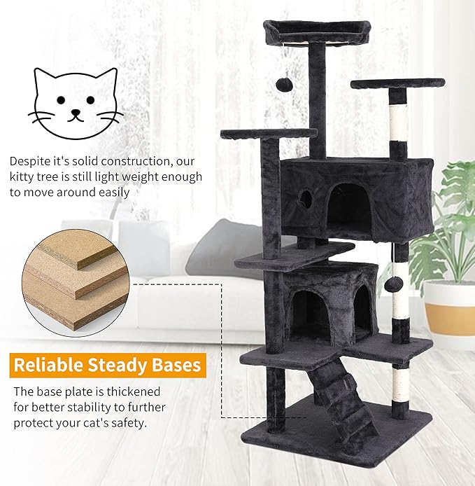BLKMTY Cat Tree 70" Tall Cats Tower Large Cat Condo Climber Cats Climbing Stand with Top Perches Playhouse and Climbing Ladder Kitty Activity Tree w/Scratching Post Toys, Dark Gray
