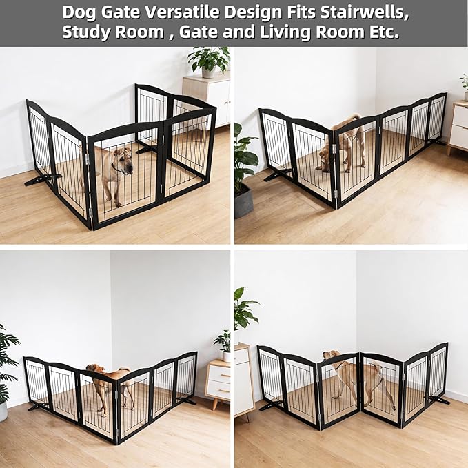 Dog Fence Indoor,Dog Gate Indoor for Doorway pet gate -6-Panel Freestanding, Hallways, House or Stairs -120x24-Inch Retractable Foldable Expandable Wood Pet by SFJC (Black) ﻿