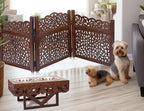 Wooden Foldable Pet Dog Safety Gate - 3 Panel 20" W x 24" H - Hand Carved Mahanadi Free Standing Portable Indoor Puppy Gate - Doorway Hall Stairs Dog Fence - Assembled - Brown - IRONGATE