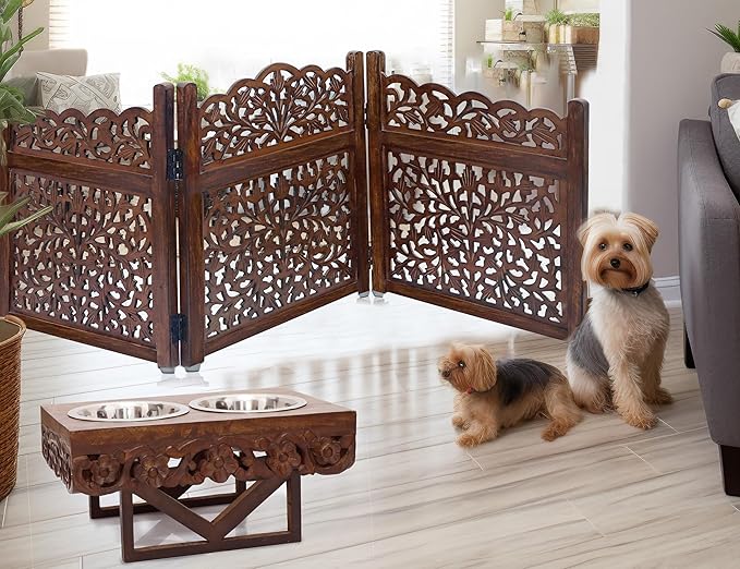 Wooden Foldable Pet Dog Safety Gate - 3 Panel 20" W x 24" H - Hand Carved Mahanadi Free Standing Portable Indoor Puppy Gate - Doorway Hall Stairs Dog Fence - Assembled - Brown - IRONGATE