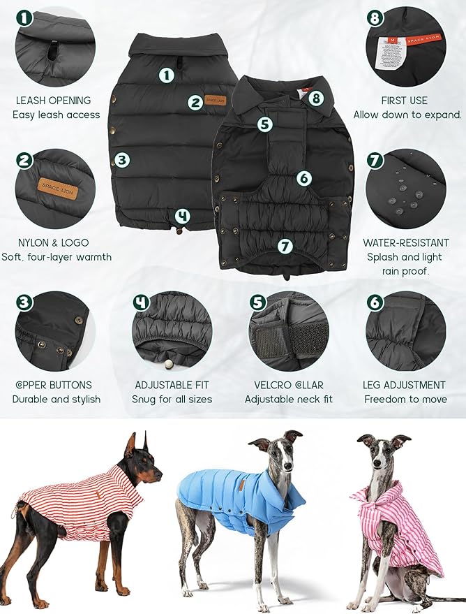 SPACE LION Dog Puffer Jacket, Down Winter Coat, Durable Outdoor Coat for Cold and Windy Conditions, Lightweight & Adjustable Fit Coats for Large Dogs,(Onyx Black, Size24/2XL)