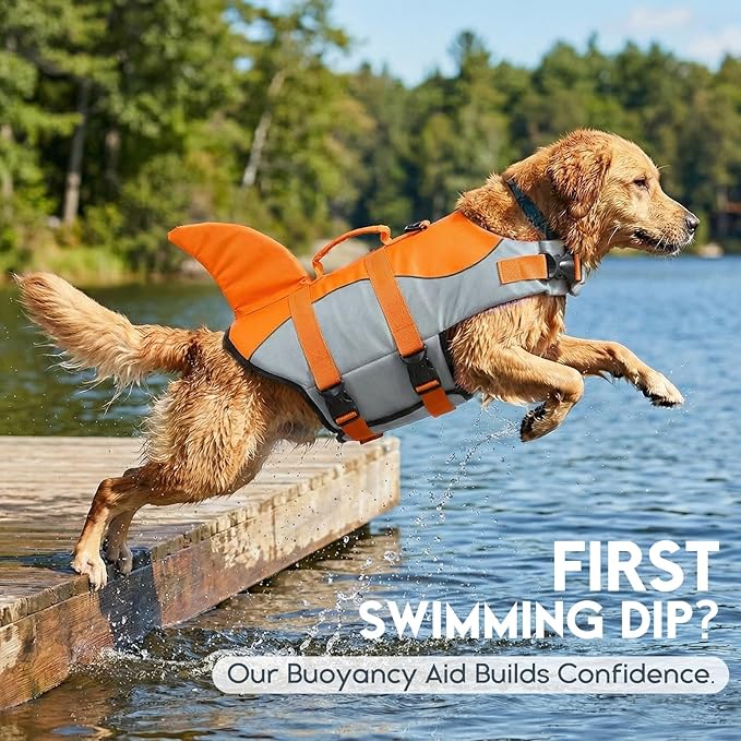 ASENKU Dog Life Jacket - Pet Safety Vest for Swimming & Boating, Shark Life Jacket with Floatation, Dog Lifesavers Swimsuits for Small Medium Large Dogs (Orange, M)