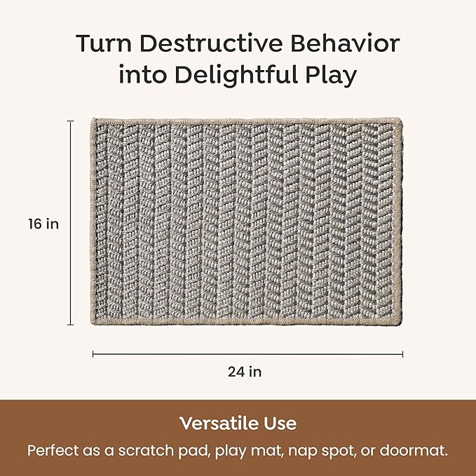Premium Brazilian Cat Scratcher Mat – 24'' x 16'' Natural Fiber 100% Sisal with Jute Border, Ultra Durable, Scratching Pad, Doormat Rug, Protects Furniture and Carpets (Light Grey)