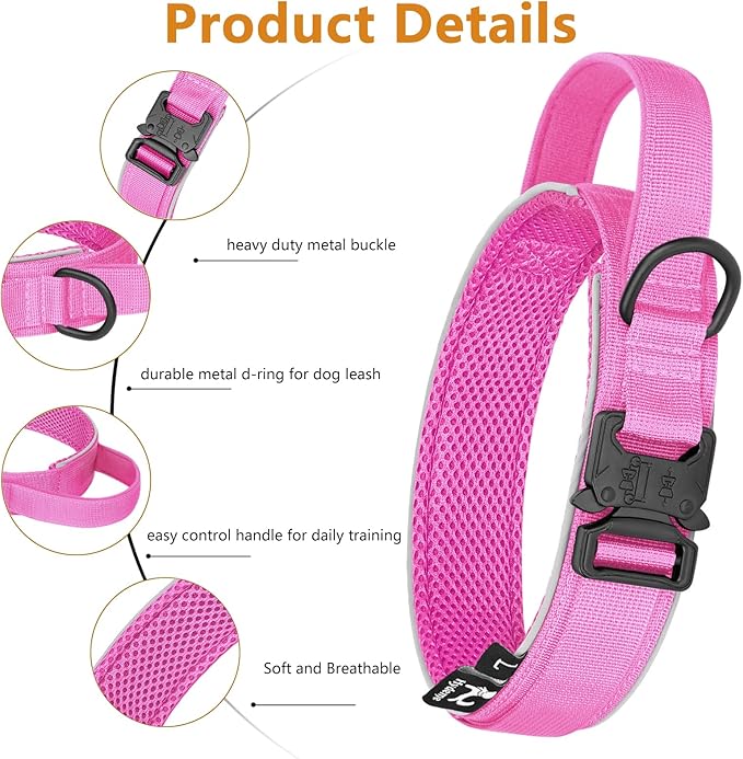 HYDEME Tactical Dog Collar, Alpine Loop Adjustable Military Training Nylon Dog Collars with Handle and Reflective for Small Medium Large Dogs, with Airtags Protective Case & Patches.(XL,Pink)
