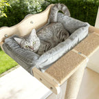Cat Window Perch with Scratching Post, 46" Adjustable Tall Scratching Posts & Suction Cup – Gray Fluffy Cusion, Multi-Level Perch for Climbing, Bird Watching, Play, Supports 45 lbs (Drilling-Free)