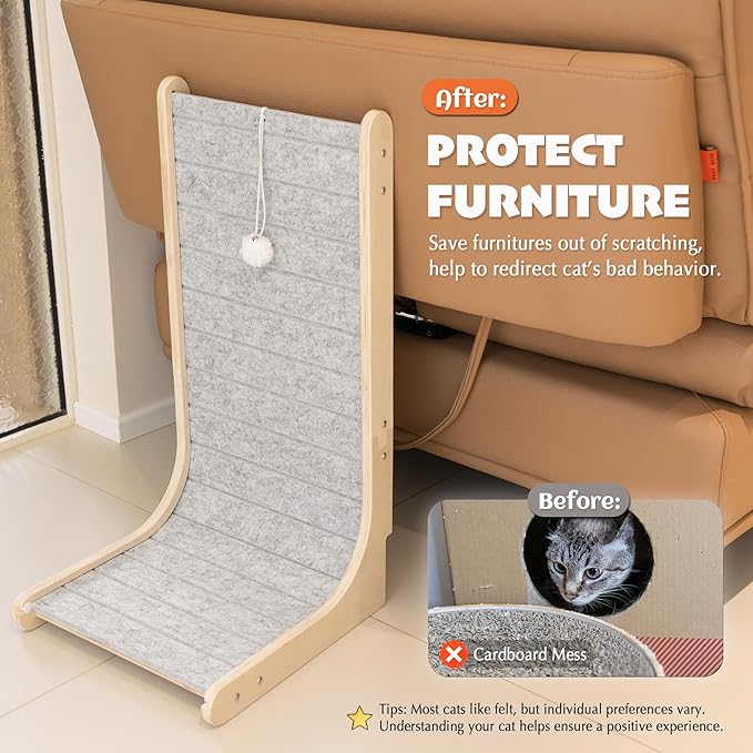PETKARAY Felt Cat Scratcher, Vertical Cat Scratching Pad, Scratch Resistant Couch Carpet Scratcher, Slot-Free Scratch Board with Toy Ball, Light Grey