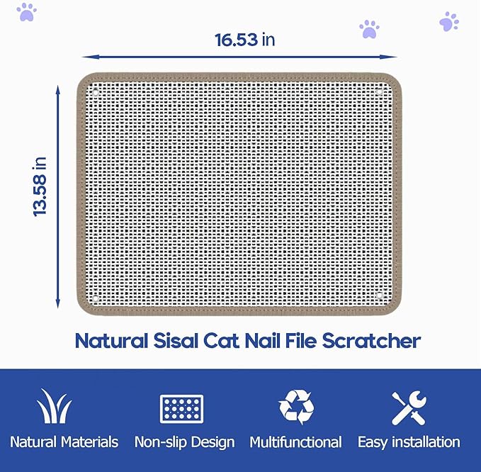 Cat Nail File Scratcher - Natural Sisal Scratch Mat with 80-Grit Aluminum Oxide, Adhesive Sheets & Expansion Screws for Secure Wall/Floor Mounting, Ideal for Trimming Cat Claws (13.38×16.53)