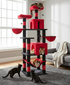 AMHANCIBLE Gothic Cat Tree, 70 Inch Tall Cat Tower for Indoor Cats, Multi-Level Cat Tree with Scratching Post, Hammock, Hanging Basket, Large Cat Condos for Adult Cats Kittens, Black Red, PT18RD
