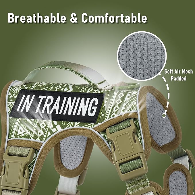 Green Dog Harness for X-Large Dog Breeds, No Pull Adjustable Pet Harness with Handle, Reflective K9 Military Service Dog Vest for Walking Hiking Training, Green Ethnic, XL