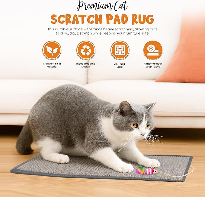 Cat Scratcher mat- Natural Sisal Cat Mat with Anti-Slip Back & Attached Sisal Mouse Toy (Gray)