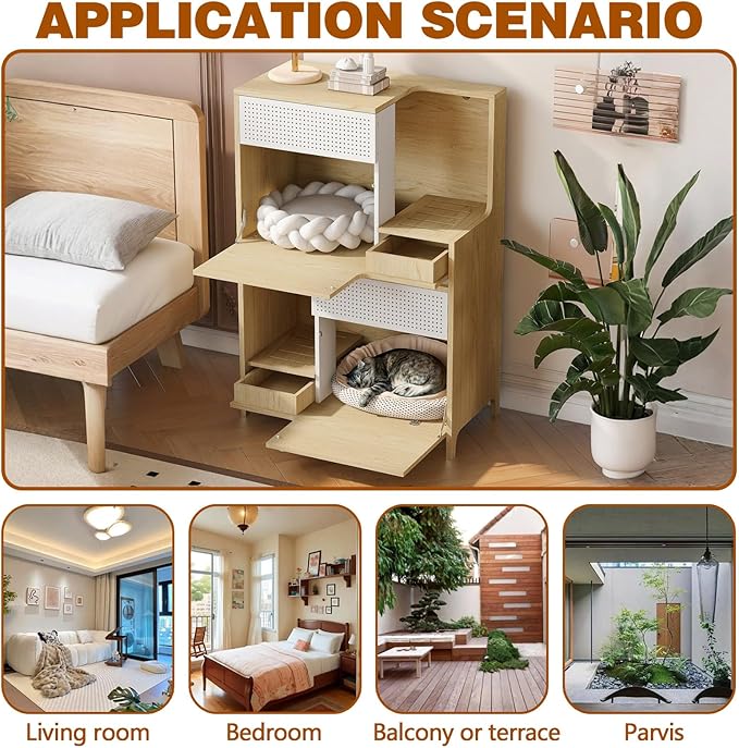 2-in-1 Modern Cat Tree Tower for Large Cats,Wooden Cat Tower with Litter Box Enclosure and Bookshelf/Storage Cabinet/Hidden Bed for Living Room Or Bedroom (Natural, 31.4")