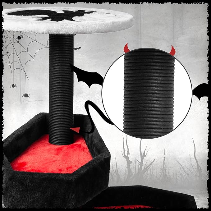 KAMABOKO Gothic Cat Tree, 46.9in Black Cat Tower with Coffin Bed, Cat Condo with Sisal Scratching Posts, Scratching Ramp and Comfort Basket for Indoor Cats