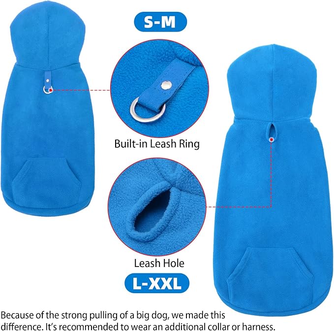 EXPAWLORER Dog Hoodie Fleece Sweater Vest, Hooded Dog Sweatshirt Fall Winter Pet Clothes with Leash Hole, Sleeveless Warm Cozy Puppy Clothing for Cat Small Medium Large Dogs Girl Boy, Blue XL