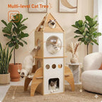 Modern Cat Tree Rocket Shape,54" Wood Cat Tower Multilevel for Indoor Cats, Cat Furniture with 3 Condos, Dangling Balls, Attic Perch