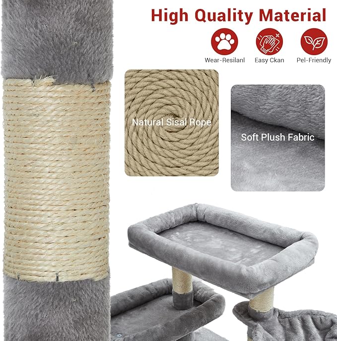 GarveeHome 67 in Cat Tree for Large Cats, Features Scratching Post, Cat Condo, Platforms, Tunnel, Hammock, Food Station & Bowls – Ideal for Indoor Cats, Dark Gray