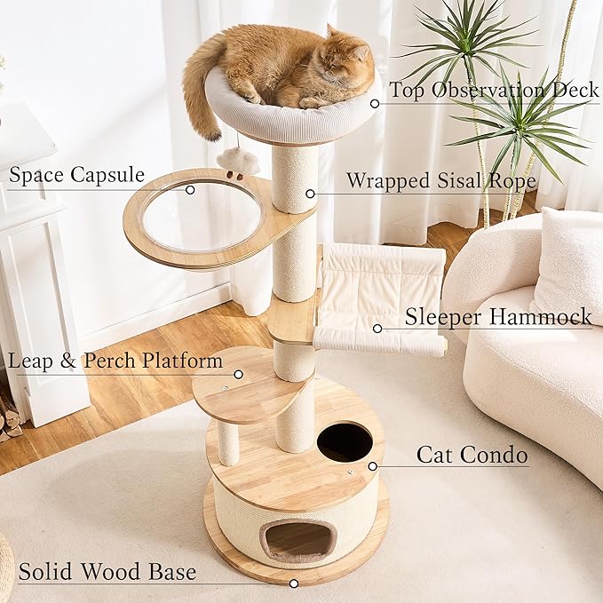 797Audio Modern Wood Cat Tree Tower, 64" Cat Tree with Sisal Scratching Posts, Condo, Capsule, Hammock for Indoor Cats, Solid Rubber Wooden Cat Tree, Multi-Level Tree for Large Adult Cat